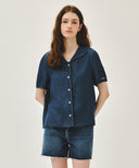 W SAILOR COLLAR SHORT SLEEVE CHAMBRAY SHIRT IN DARK BLUE image 1