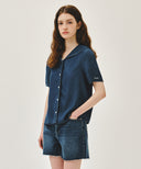 W SAILOR COLLAR SHORT SLEEVE CHAMBRAY SHIRT IN DARK BLUE image 2