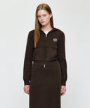 W RIBBON CLASSIC LOGO CROP KNIT HOODIE ZIPUP IN BROWN