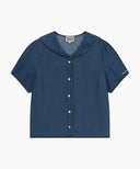 W SAILOR COLLAR SHORT SLEEVE CHAMBRAY SHIRT IN DARK BLUE image 6
