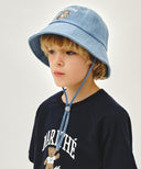 KIDS BEAR EMBROIDERY ROUND BUCKET HAT IN LIGHT BLUE image 6