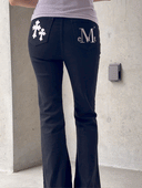 PISTOL BACK LEATHER DOUBLE CROSS WIDE BOOTS CUT COTTON PANTS IN BLACK