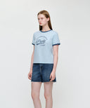 W VINTAGE CURSIVE LOGO RINGER TEE IN SKY BLUE