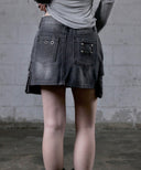 DELVE BACK LEATHER CARGO DENIM SKIRT IN BLACK