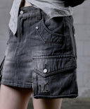 DELVE BACK LEATHER CARGO DENIM SKIRT IN BLACK
