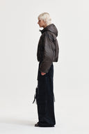 BACK LOGO HOODY SHORT DOWN JUMPER IN CHARCOAL GREY