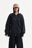 RAW CUT APPLIQUE HOODY ZIP UP IN CHARCOAL GREY