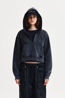 WASHED LAYERED CROP HOODY IN CHARCOAL GREY