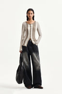 COLOR BLOCK SLIM KNIT CARDIGAN IN BEIGE