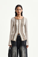COLOR BLOCK SLIM KNIT CARDIGAN IN BEIGE