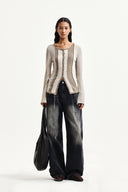 COLOR BLOCK SLIM KNIT CARDIGAN IN BEIGE