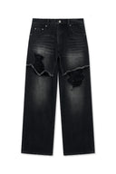 FRONT LAYERED DISTRESSED DENIM PANTS IN BLACK