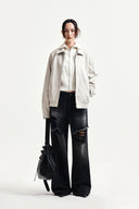 FRONT LAYERED DISTRESSED DENIM PANTS IN BLACK