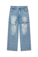 FRONT LAYERED DISTRESSED DENIM PANTS IN BLUE