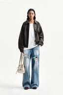 FRONT LAYERED DISTRESSED DENIM PANTS IN BLUE