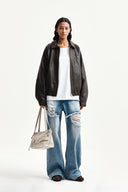 FRONT LAYERED DISTRESSED DENIM PANTS IN BLUE