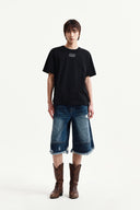 DESTROYED BERMUDA DENIM PANTS FOR MEN IN NAVY