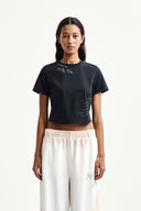 GRAFFITI ROUND HEM CROP TOP IN NAVY