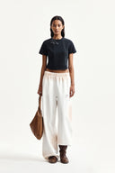 GRAFFITI ROUND HEM CROP TOP IN NAVY