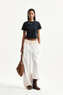 GRAFFITI ROUND HEM CROP TOP IN NAVY