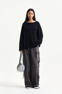 RAW HEM FINISHED BOAT NECK TOP IN BLACK