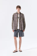 MIXED CHECK OVER FIT SHIRT IN BROWN