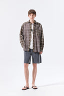 MIXED CHECK OVER FIT SHIRT IN BROWN