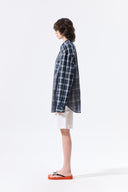 MIXED CHECK OVER FIT SHIRT IN NAVY image 8