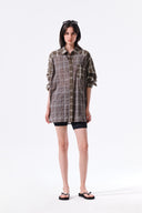 MIXED CHECK OVER FIT SHIRT IN BROWN image 9